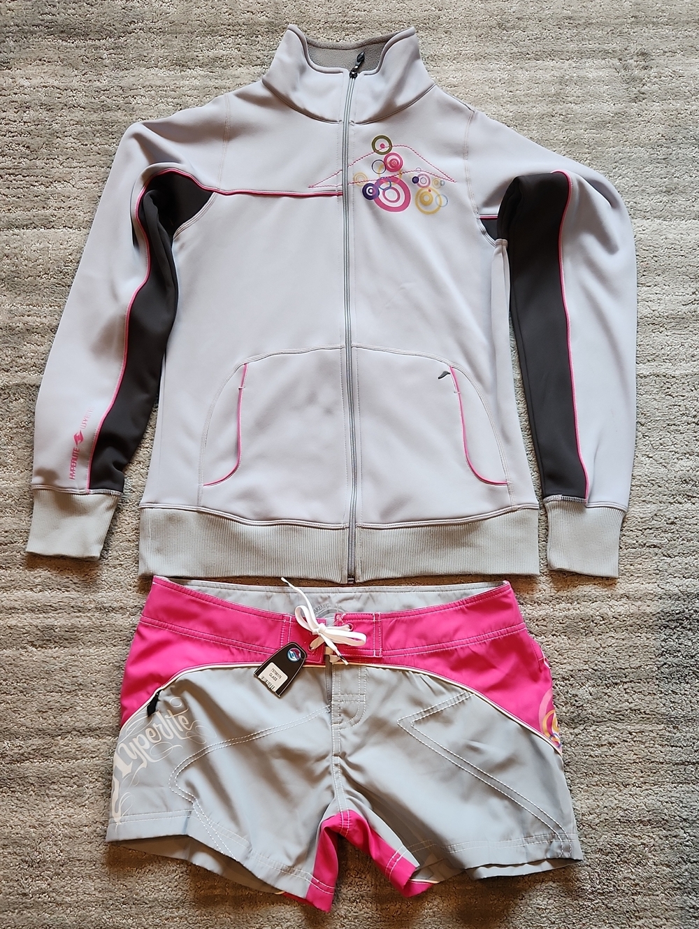 Women’s Hyperlite Jacket with Pink and Gray Swim Shorts